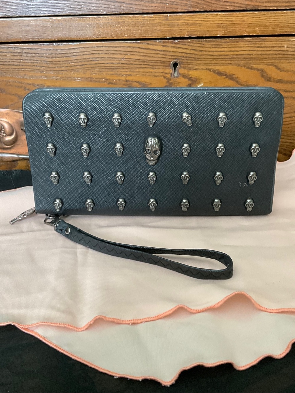 Thomas Wylbe Black Skull-Studded Zip Wristlet Clutch